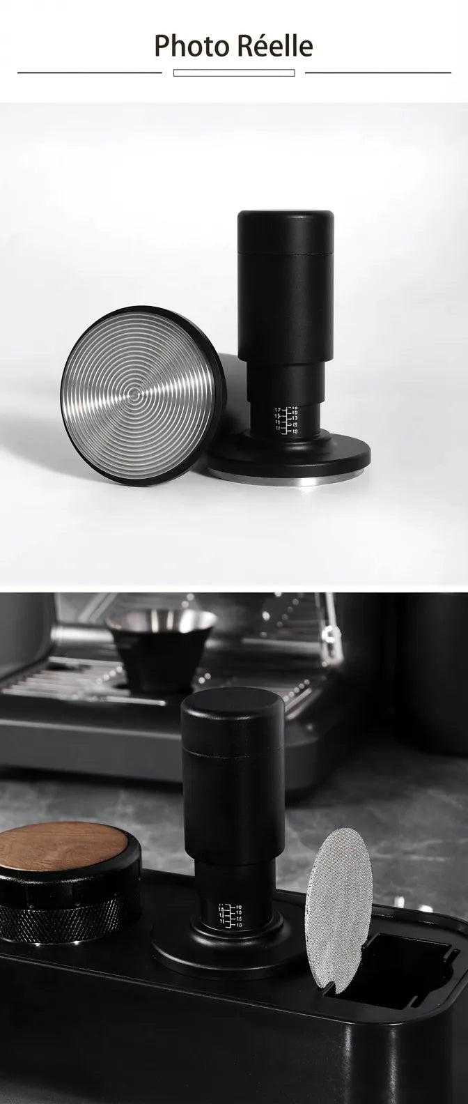 Photo réelle du tamper noir posé à côté de sa base striée