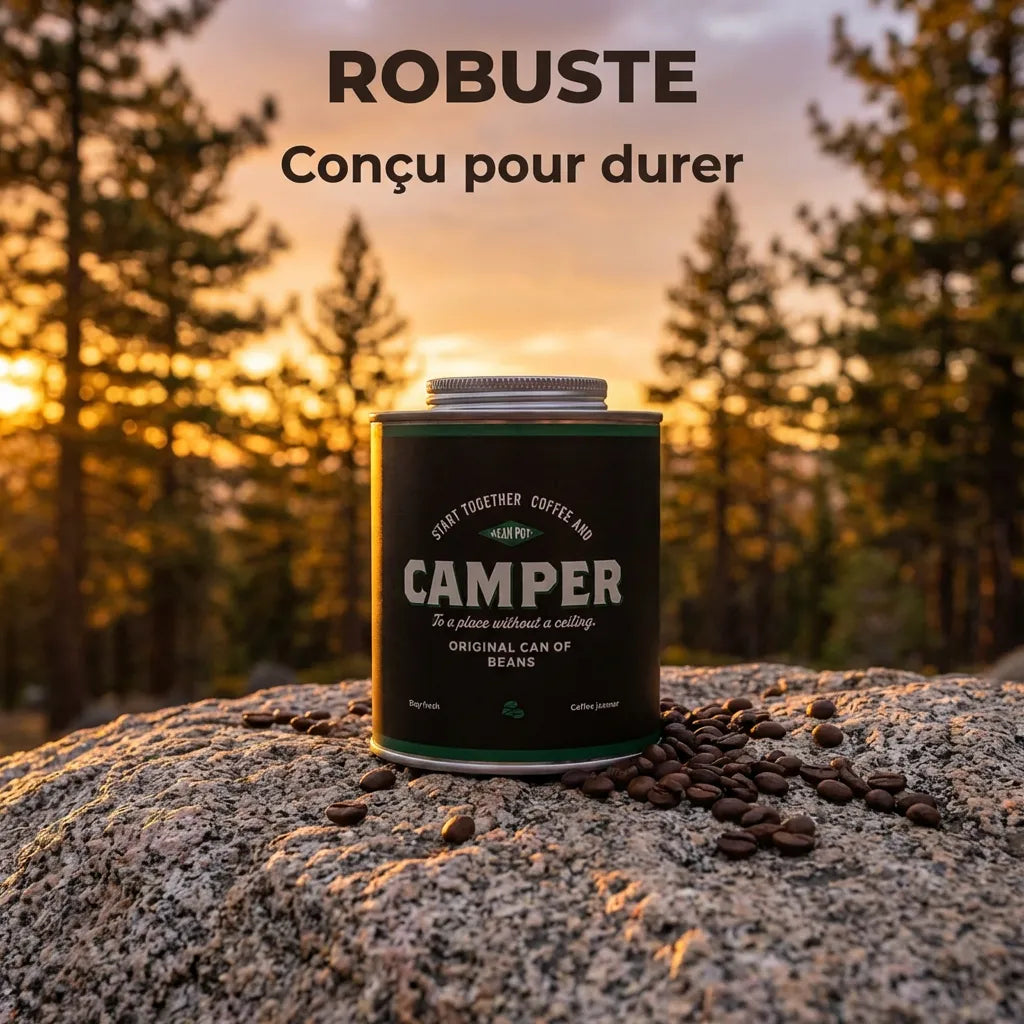Boîte à café robuste posée sur un rocher en forêt