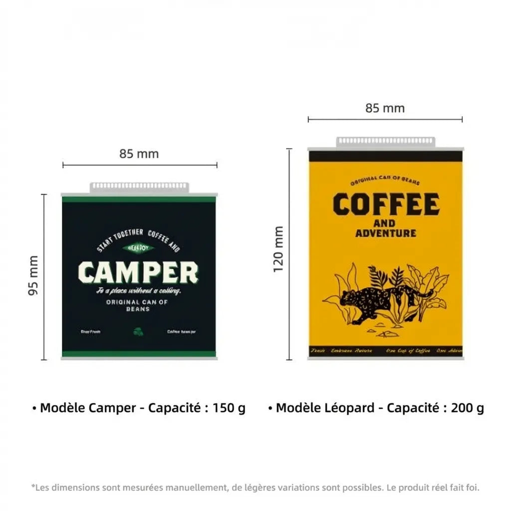 Schéma des dimensions et capacités des boîtes à café 150g et 200g